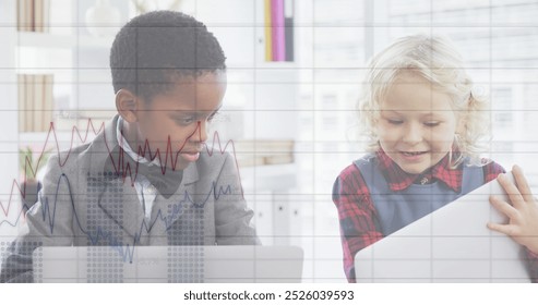 Image of financial data processing over diverse children using laptops at office. Global business, communication, finances and digital interface concept digitally generated image. - Powered by Shutterstock