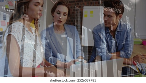 Image of financial data processing over diverse business people using laptop at meeting. Global business, communication, finances and digital interface concept digitally generated image. - Powered by Shutterstock - Get 15% off with code: PIKWIZARD15