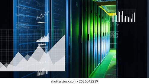 Image of financial data processing over computer servers. Global cloud computing and data processing concept digitally generated image.