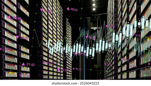 Image of financial data processing over computer servers. Global cloud computing and data processing concept digitally generated image.