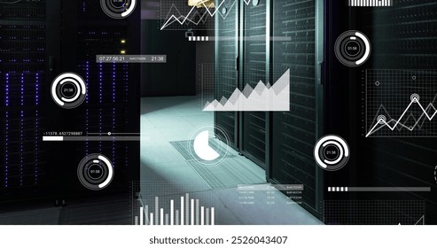 Image of financial data processing over computer servers. Global cloud computing and data processing concept digitally generated image.