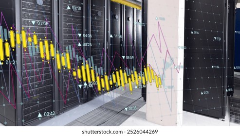 Image of financial data processing over computer servers. Global cloud computing and data processing concept digitally generated image.