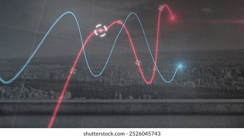 Image of financial data processing over cityscape. Global business, finances, computing and data processing concept digitally generated image.