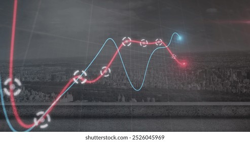 Image of financial data processing over cityscape. Global business, finances, computing and data processing concept digitally generated image.