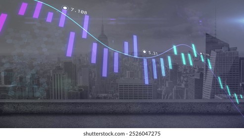 Image of financial data processing over cityscape. Global business, finances, computing and data processing concept digitally generated image.