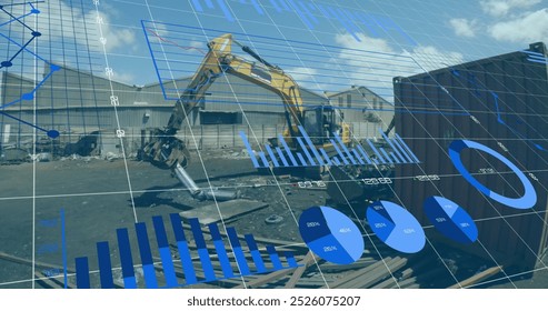Image of financial data processing over grid and landfill site. Global technology, finances and digital interface concept digitally generated image.