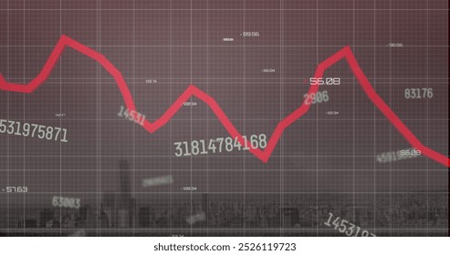 Image of financial data processing over cityscape. Global finances, computing and digital interface concept digitally generated image.