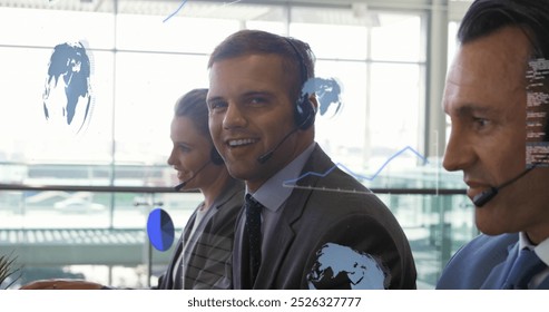 Image of financial data processing over diverse business people in office. Global business, finances, computing and data processing concept digitally generated image.