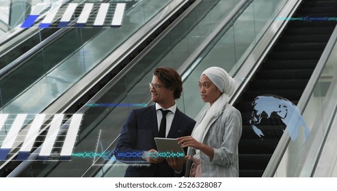 Image of financial data processing over diverse business people on escalator. Global business, finances, computing and data processing concept digitally generated image. - Powered by Shutterstock