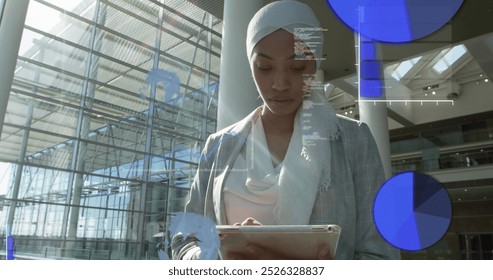 Image of financial data processing over biracial businesswoman with tablet. Global business, finances, computing and data processing concept digitally generated image.
