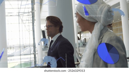 Image of financial data processing over diverse business people in office. Global business, finances, computing and data processing concept digitally generated image.