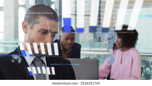 Image of financial data processing over diverse business people in office. Global business, finances, computing and data processing concept digitally generated image.