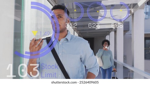 Image of financial data processing over diverse business people in airport. Global business, finances, computing and data processing concept digitally generated image.