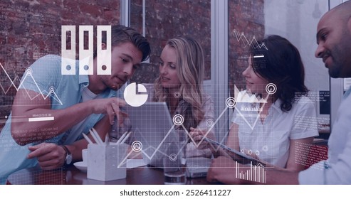 Image of financial data processing over diverse business people in office. Global business, finances, computing and data processing concept digitally generated image.