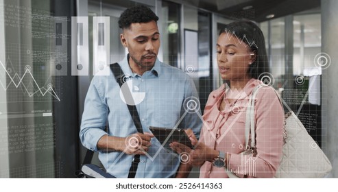 Image of financial data processing over diverse business people in office. Global business, finances, computing and data processing concept digitally generated image.