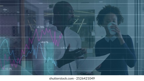 Image of financial data processing over diverse business people in office. Global computing, digital interface and data processing concept digitally generated image.