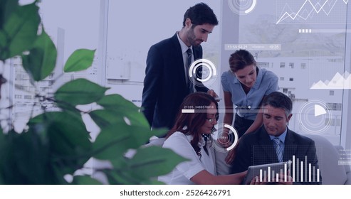Image of financial data processing over diverse business people in office. Global business, finances, computing and data processing concept digitally generated image.