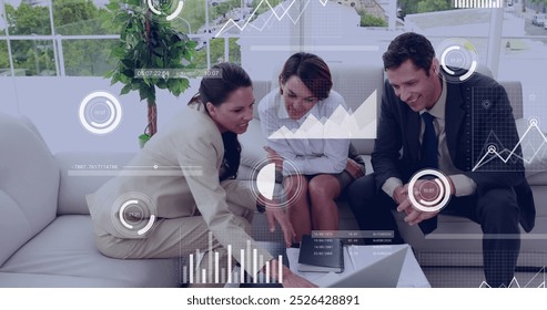 Image of financial data processing over diverse business people in office. Global business, finances, computing and data processing concept digitally generated image.