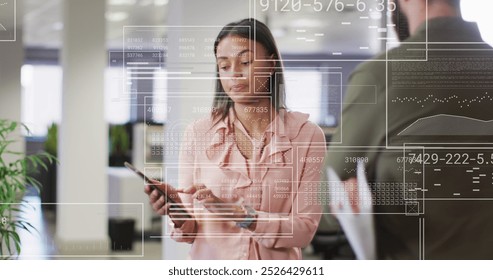 Image of financial data processing over diverse business people in office. Global business, finances, computing and data processing concept digitally generated image.