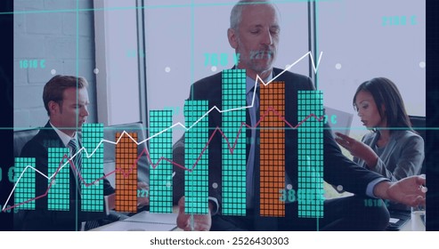 Image of financial data processing over diverse business people in office. Global business, finances, computing and data processing concept digitally generated image.