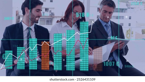 Image of financial data processing over diverse business people in office. Global business, finances, computing and data processing concept digitally generated image.