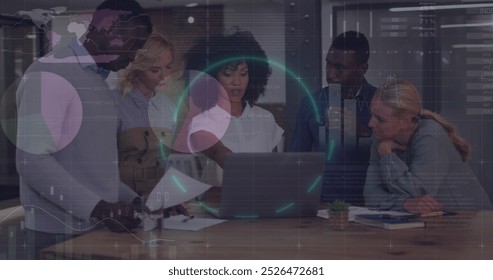 Image of financial data processing over diverse business people in office. Global business, finance, computing and data processing concept digitally generated image.