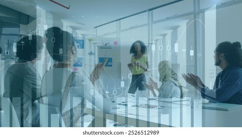 Image of financial data processing over diverse business people in office. global business, finances and digital interface concept digitally generated image.