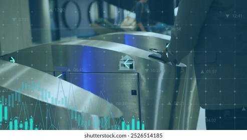 Image of financial data processing over businessman walking through airport gates. Global business, finances, computing and data processing concept digitally generated image. - Powered by Shutterstock