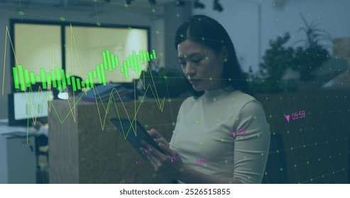 Image of financial data processing over biracial businesswoman. Global business, finances, computing and data processing concept digitally generated image.