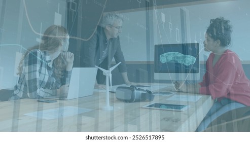Image of financial data processing over diverse business people in office. global business, finances and digital interface concept digitally generated image.