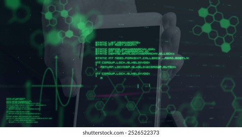 Image of financial data processing over payment terminal. Global connections, data processing and digital interface concept digitally generated image.