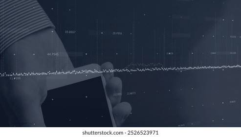 Image of financial data processing over payment terminal. Global connections, data processing and digital interface concept digitally generated image.