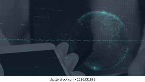Image of financial data processing over payment terminal. Global connections, data processing and digital interface concept digitally generated image.