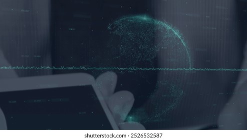 Image of financial data processing over payment terminal. Global connections, data processing and digital interface concept digitally generated image.