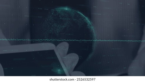 Image of financial data processing over payment terminal. Global connections, data processing and digital interface concept digitally generated image.