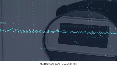 Image of financial data processing over payment terminal. Global connections, data processing and digital interface concept digitally generated image.
