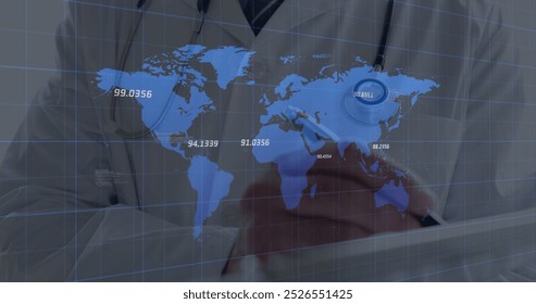 Image of financial data processing over two doctor. Global medicine, technology, data processing and digital interface concept digitally generated image.