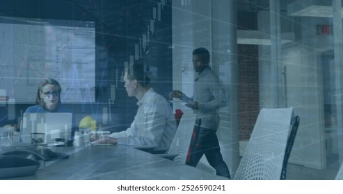 Image of financial data processing over diverse colleagues discussing together at office. Global finance and business technology concept