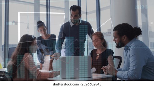 Image of financial data processing over business people in office. Global business, finance, computing and data processing concept digitally generated image. - Powered by Shutterstock - Get 15% off with code: PIKWIZARD15