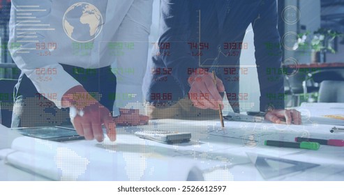 Image of financial data processing over diverse business people working at office. Global business, finances and digital interface concept digitally generated image.