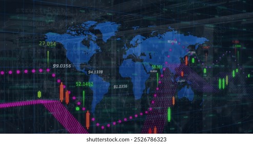 Image of financial data processing over world map against empty computer server room. Global finance and business data storage technology concept - Powered by Shutterstock