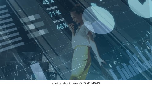 Image of financial data processing over caucasian businesswomen. Global business, finances, data processing and digital interface concept digitally generated image.