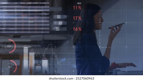 Image of financial data processing over diverse group of business people. Global sports digital interface technology and networking concept digitally generated image.