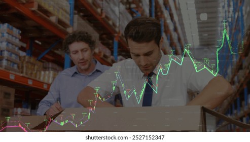 Image of financial data processing over two caucasian male supervisors opening a delivery box. Logistics and business technology concept - Powered by Shutterstock