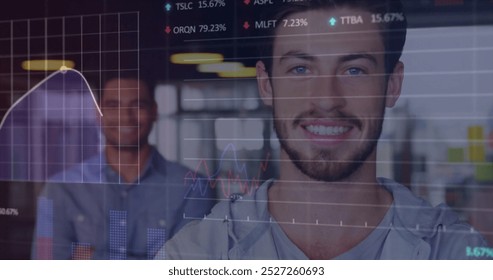 Image of financial data processing over diverse male colleagues in office. Global business, finances, computing and digital interface concept digitally generated image.