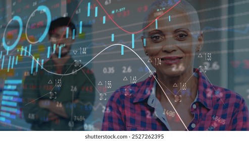 Image of financial data processing over diverse male and female colleagues in office. Global business, finances, computing and digital interface concept digitally generated image.