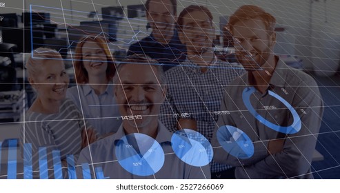 Image of financial data processing over diverse male and female colleagues in office. Global business, finances, computing and digital interface concept digitally generated image.