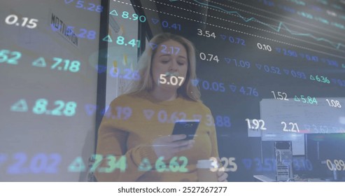 Image of financial data processing over caucasian businesswoman using smartphone. Global finance, business, connections, computing and data processing concept digitally generated image.