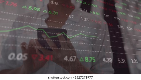 Image of financial data processing over caucasian businesswoman using smartphone in office. Global finance, business, connections, computing and data processing concept digitally generated image.