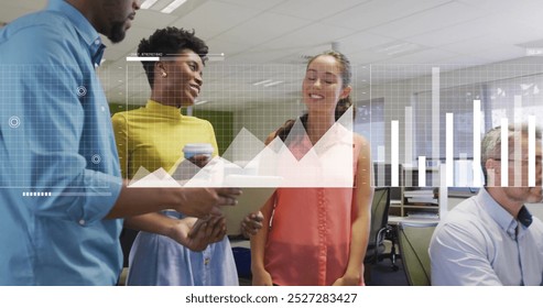 Image of financial data processing over diverse business people in office. Global finance, business, connections, computing and data processing concept digitally generated image.
